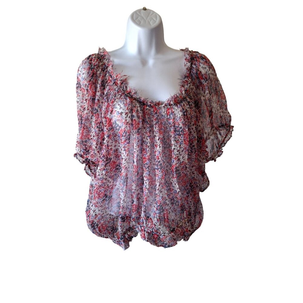 Et Vous Peasant Blouse S Red White Blue Floral Sheer Lightweight Romantic Boho